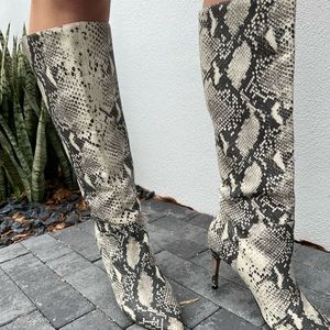 snake print knee high boots with heel